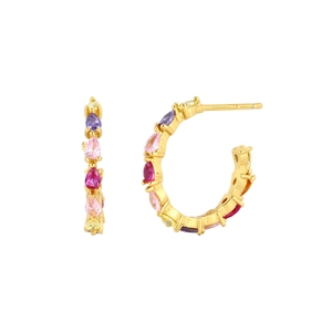 925 Sterling silver C-shaped hoop earrings with colorful zircon gemstones in gold finish