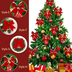 Christmas tree mini red velvet bows with bells and holly leaves, set of 4 festive styles