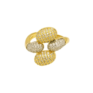 Detailed view of two-tone oval ring band with gold silver finish and zircon pavé