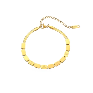 Elegant 18KGP gold snake chain bracelet with square engraved charms and adjustable clasp