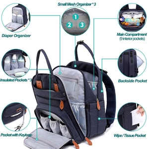 Detail view of large capacity diaper bag showing 9 pockets and insulated bottle storage