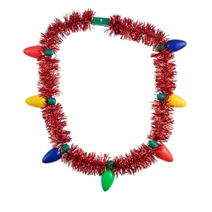 Christmas necklace with colorful light bulbs and red tinsel for holiday party decoration