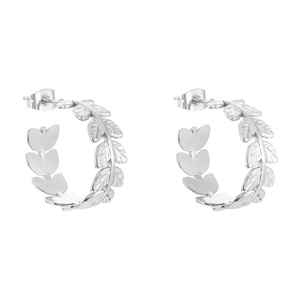 Silver wheat ear hoop earrings with minimalist olive leaf design in polished metal