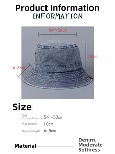 Detailed size chart for washed denim bucket hat with circumference and brim dimensions