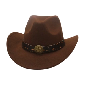 Detail of dark brown wool fedora hat with star metal badge and studded leather belt