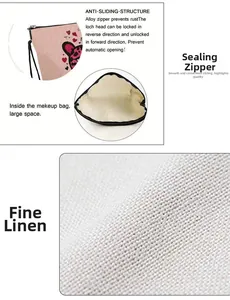Macro view of leopard heart makeup bag showing fine linen fabric and zip closure