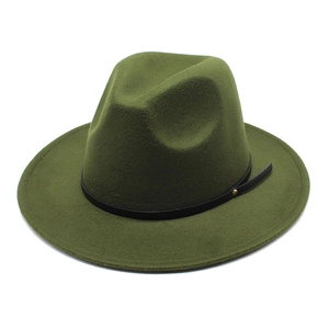 Classic dark olive green wool fedora hat with black leather band and gold metal rivet detail