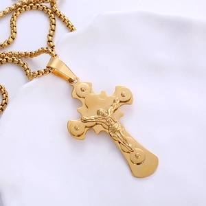 Herren Hip Hop 18k vergoldete Edelstahl Kruzifix Anhänger Halskette mit Box-Kette