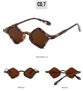 Three-angle display of amber geometric sunglasses with tortoiseshell frame details