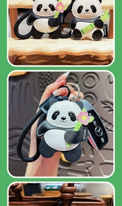 Detail of premium leather panda charm featuring fine stitching and a black woven lanyard
