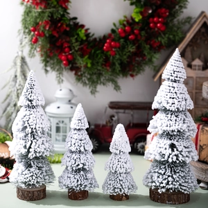 Set of four mini frosted cedar Christmas trees with wooden bases for table decor