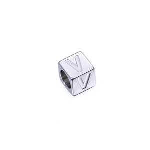 Perle cube 7mm en acier inoxydable argenté avec lettre V pour création de bijoux DIY