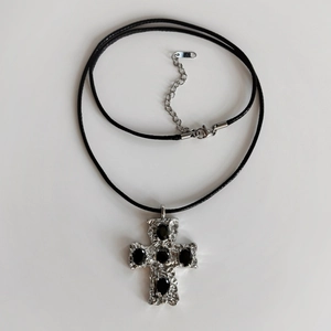 18k gold plated titanium cross pendant necklace with black gemstones and leather cord strap