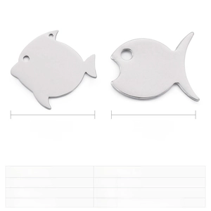 Detailed view of stainless steel tropical fish pendants with dimensions and weight data