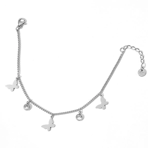 Silver stainless steel anklet featuring butterfly pendants and zircon stones on white background