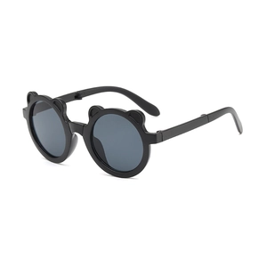 Foldable kids bear ear sunglasses in matte black with UV protection and portable design