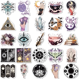 Detailed spread of bohemian witch stickers featuring tarot, moon, and mystical occult symbols