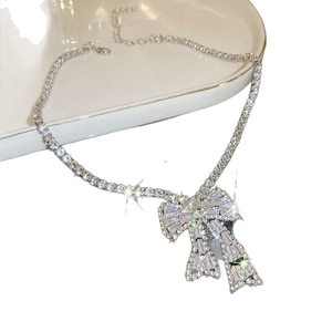 Sparkling silver bowknot rhinestone necklace featuring an elegant tennis chain design