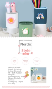 Detail of Nordic pencil holder with colorful 3D cartoon icons and multi-compartment design
