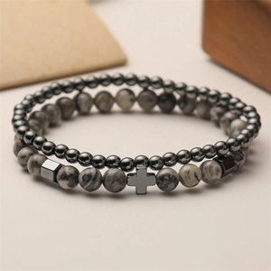 Punk lava stone beaded bracelet set with metallic cross and grey marble beads on minimalist base