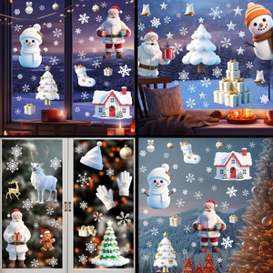 Christmas Window Clings Static PVC Stickers 3D Santa Snowman Reindeer Snowflake Decals For Holiday Home Shop Decor