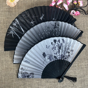 Classical Chinese silk folding fans with bamboo bones and ink painting floral patterns