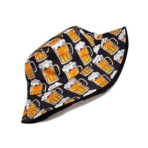 Reversible black bucket hat with yellow beer patterns for men and outdoor sun protection