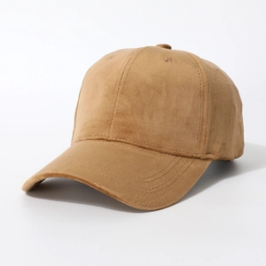 Detail shot of camel velvet baseball cap showing premium suede texture and stitching