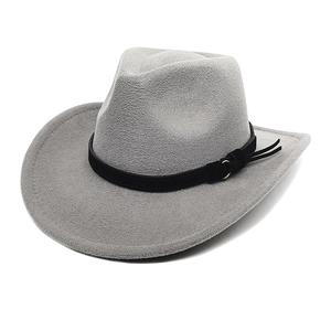 Detail of grey wool cowboy hat crown featuring a black band with a golden metal buckle