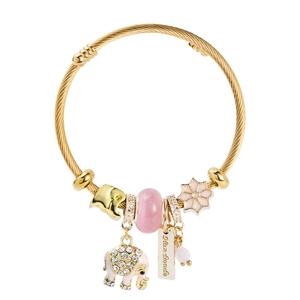 Adjustable gold charm bracelet with pink beads and handcrafted elephant pendant on white background