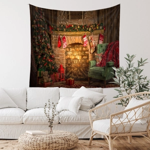 Detailed Christmas fireplace and tree pattern printed on high-quality tapestry