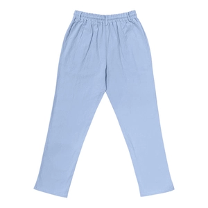 Detailed macro shot of light blue linen fabric texture and elastic waistband on men's pants