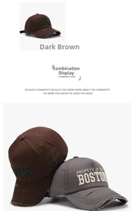 Detail of vintage distressed baseball cap with BOSTON embroidery and worn-out brim effect