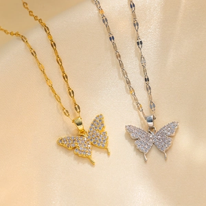 Butterfly Pendant Necklace For Women Full Pavé Rhinestone Titanium Steel Dainty Minimalist Jewelry Gift For Her
