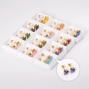 Square zircon stud earrings set in various colors with high-quality gold plated metal