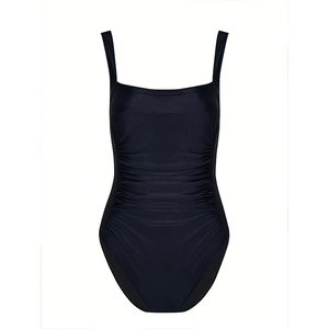 Elegant black one-piece swimsuit with square neckline and slimming ruched tummy control