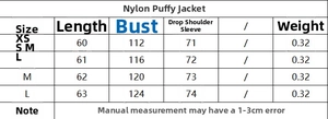 Detailed size chart for the women's nylon puffer jacket with measurement specifications