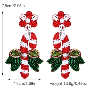 Detail of beaded candy cane earrings with size 7.5cm height and 4.3cm width specs