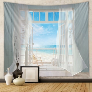 Detailed coastal view tapestry showing realistic beach terrace with ocean scene decoration