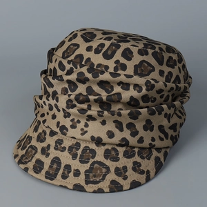 Women Fashion Leopard Print Newsboy Cap Pleated Polyester Retro Stylish Short Brim Hat