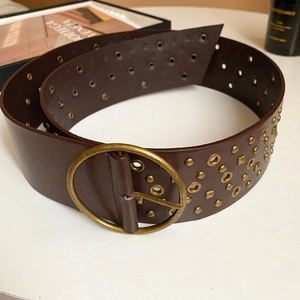 Detail of dark brown leather belt with round brass buckle and multiple metal eyelets