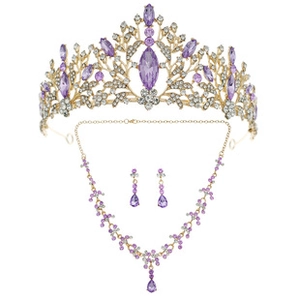 Detailansicht des goldenen Brautschmuck-Sets mit lila Kristallen, Krone und Halskette