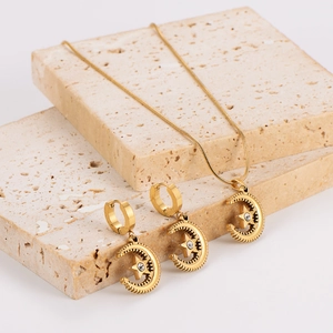 Star Moon Necklace And Hoop Earrings 304 Stainless Steel 18K Gold Plated Chic Rhinestone Pendants For Women