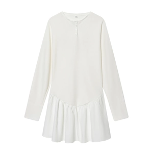 Women Long Sleeve Ruffle Hem Dress Solid Color Henley Neck Patchwork Mini Dress Casual Loose Fit Elegant Fashion White