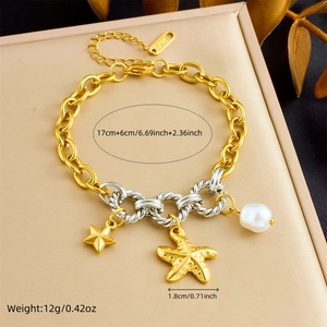 Close-up of mixed-metal bracelet showing star charms, pearls, and size dimensions