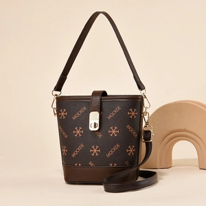 Women Vintage Bucket Bag PU Leather Monogram Letter Print Contrast Color Adjustable Shoulder Strap Top Handle Metal Lock