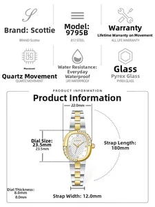 Detailed specs of the small square steel watch with 22mm dial and rhinestone bezel