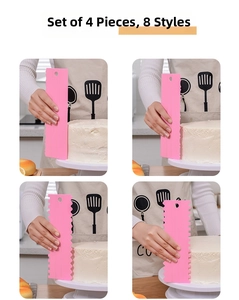 Detailed view of 4-piece pink cake scrapers showing 8 decorative comb texture patterns
