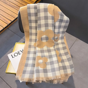 Women Thick Imitation Cashmere Scarf Checkerboard Floral Pattern Winter Warm Shawl With Fringes Jacquard Knitted Scarf Wrap
