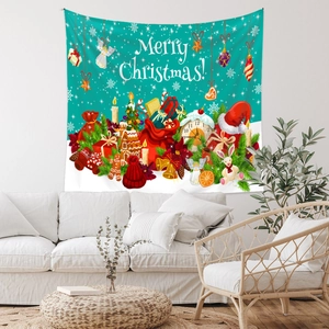 Detail of teal Christmas tapestry with festive illustrations and Merry Christmas text